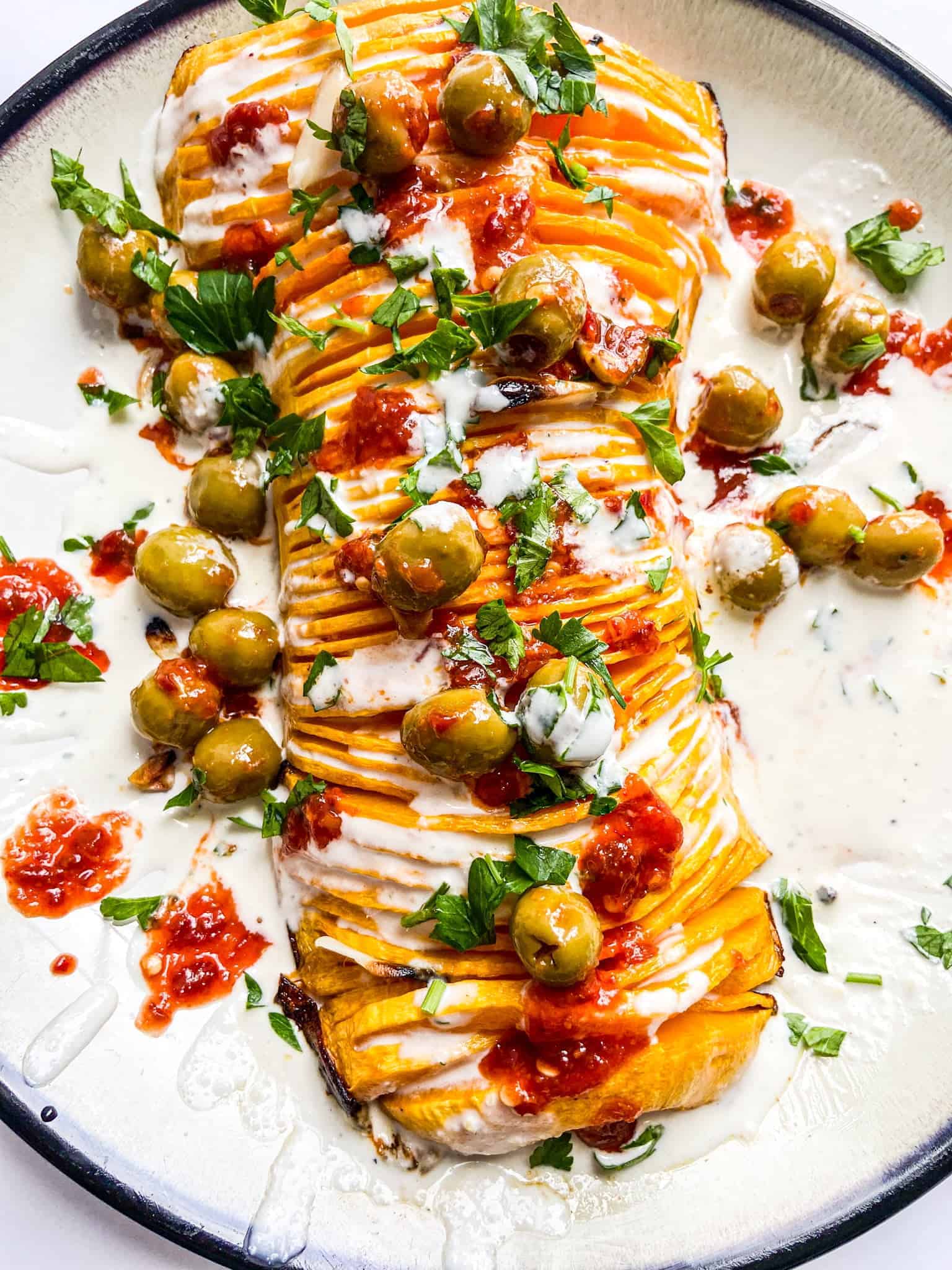 Hasselback Butternut Squash with Garlic Aioli and Moroccan Inspired Chili Olives