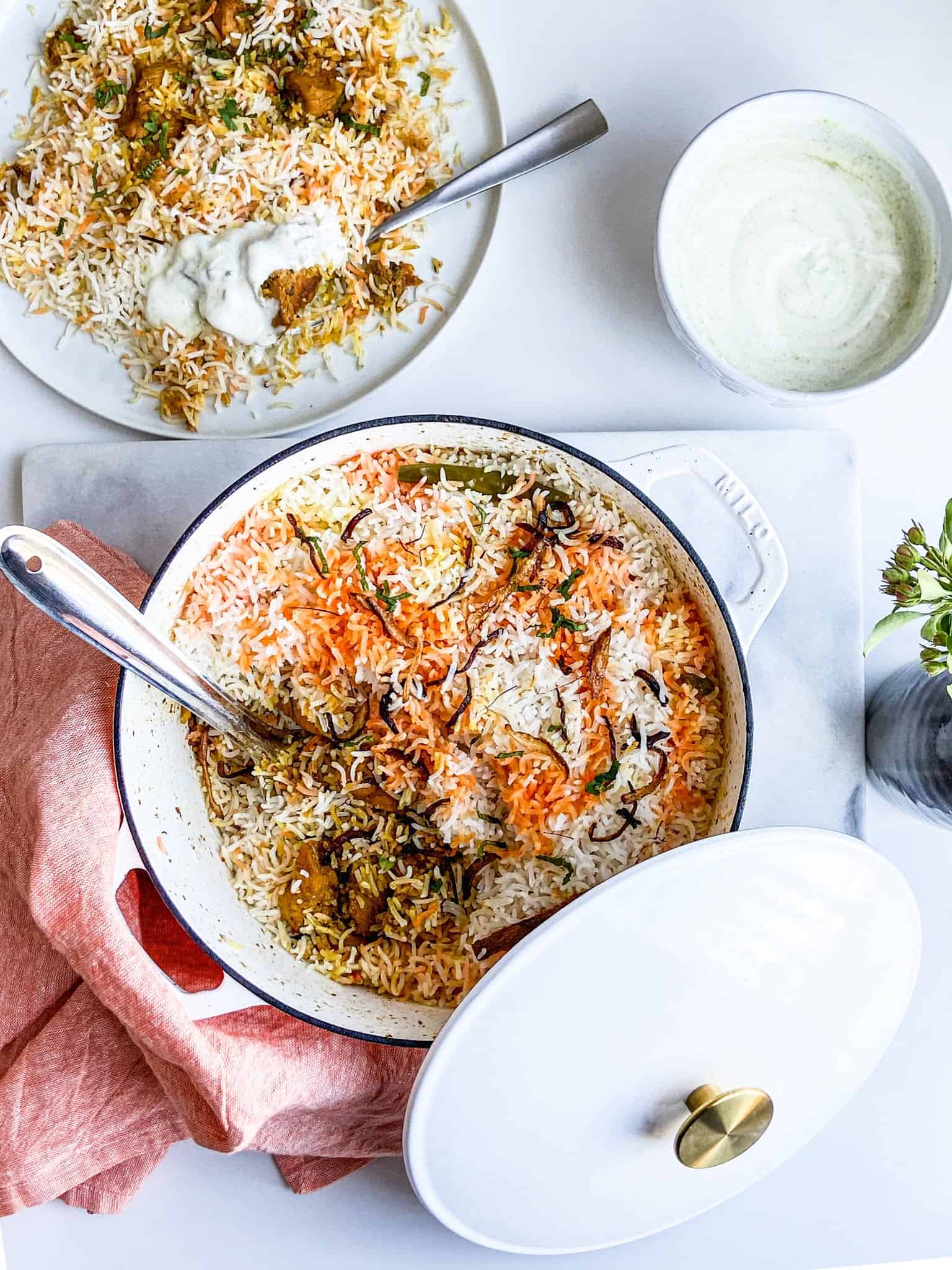 easy chicken biryani in a Dutch oven.