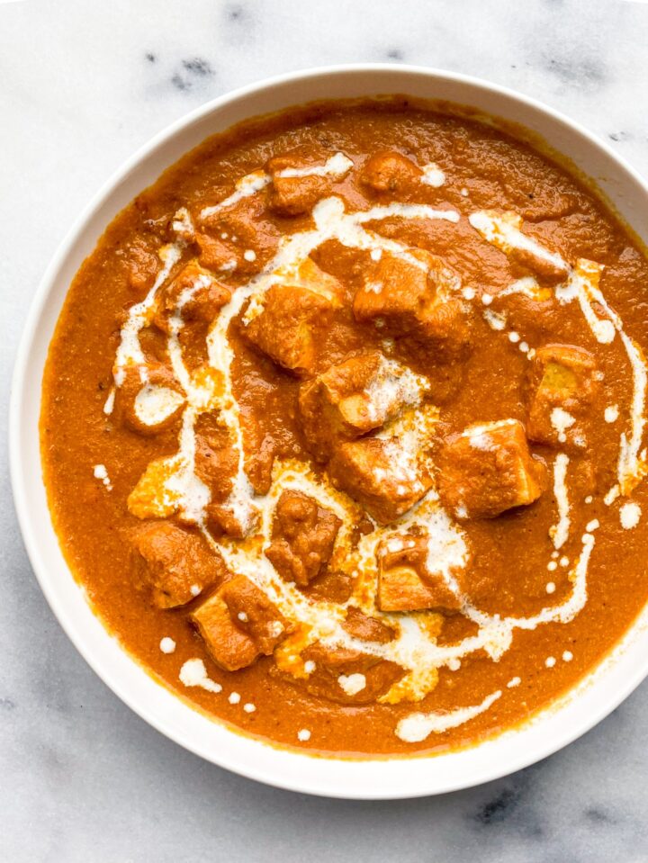 Paneer Makhani made with tomato, onion, red chili powder and butter.