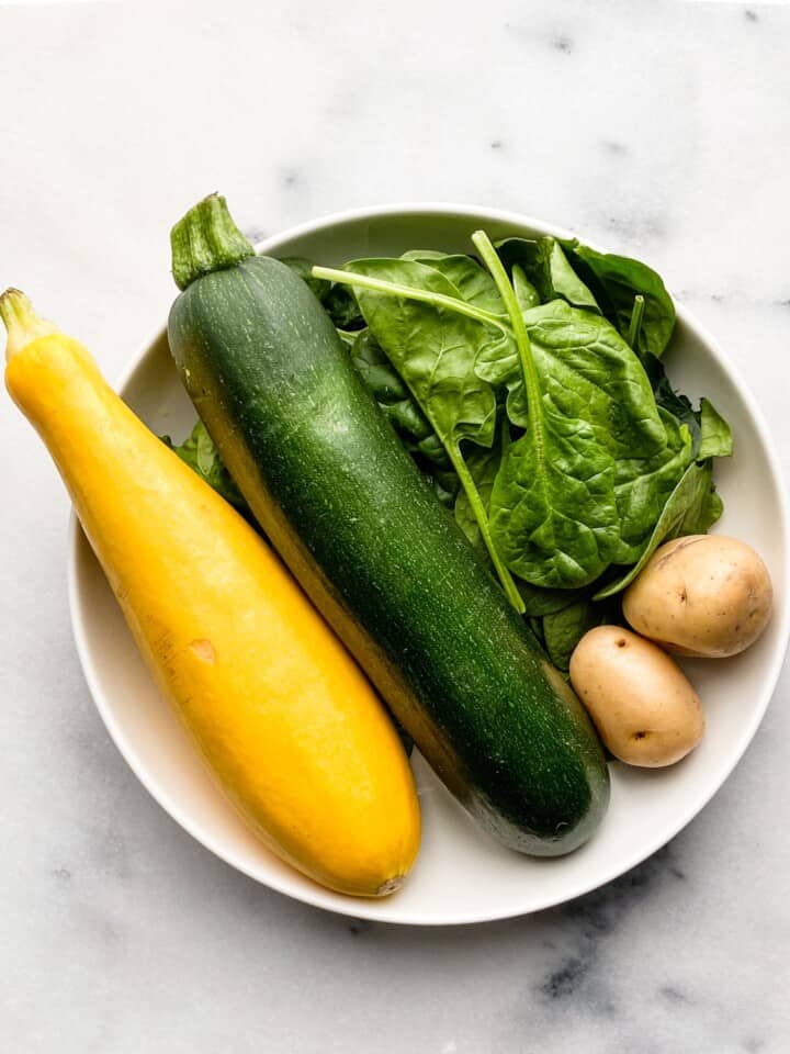 zucchini, yellow squash, spinach and potatoes