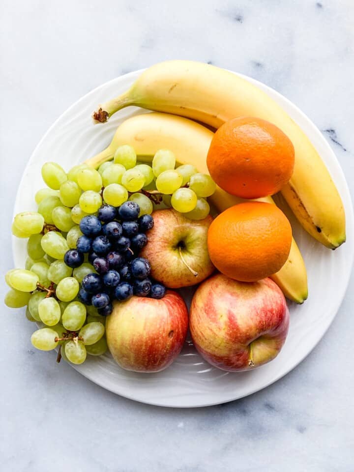 apple, banana, grape, blueberry and orange.