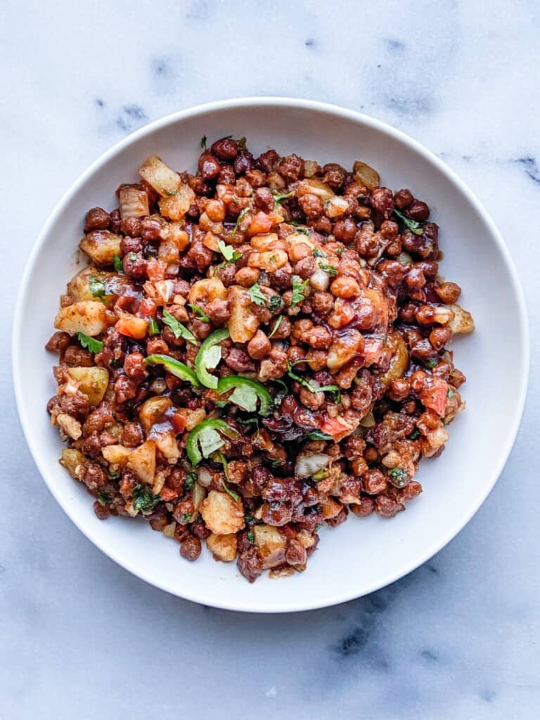 chickpea salad in a white bowl