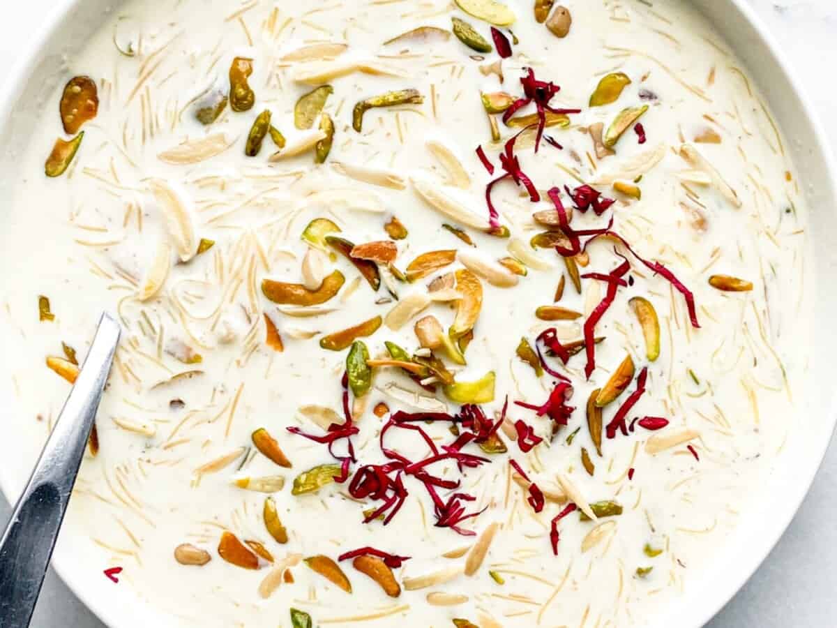 Sheer khurma pudding in a bowl.