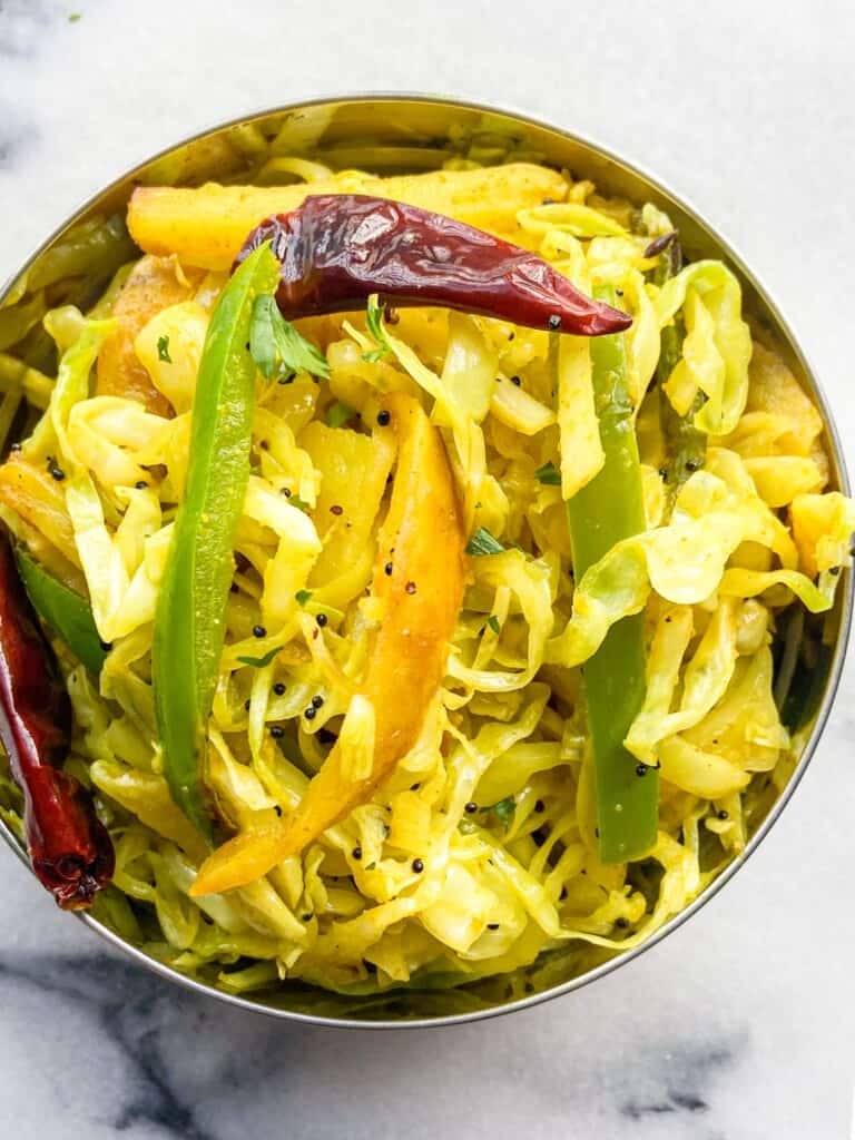 Gujarati stir-fried cabbage in a bowl