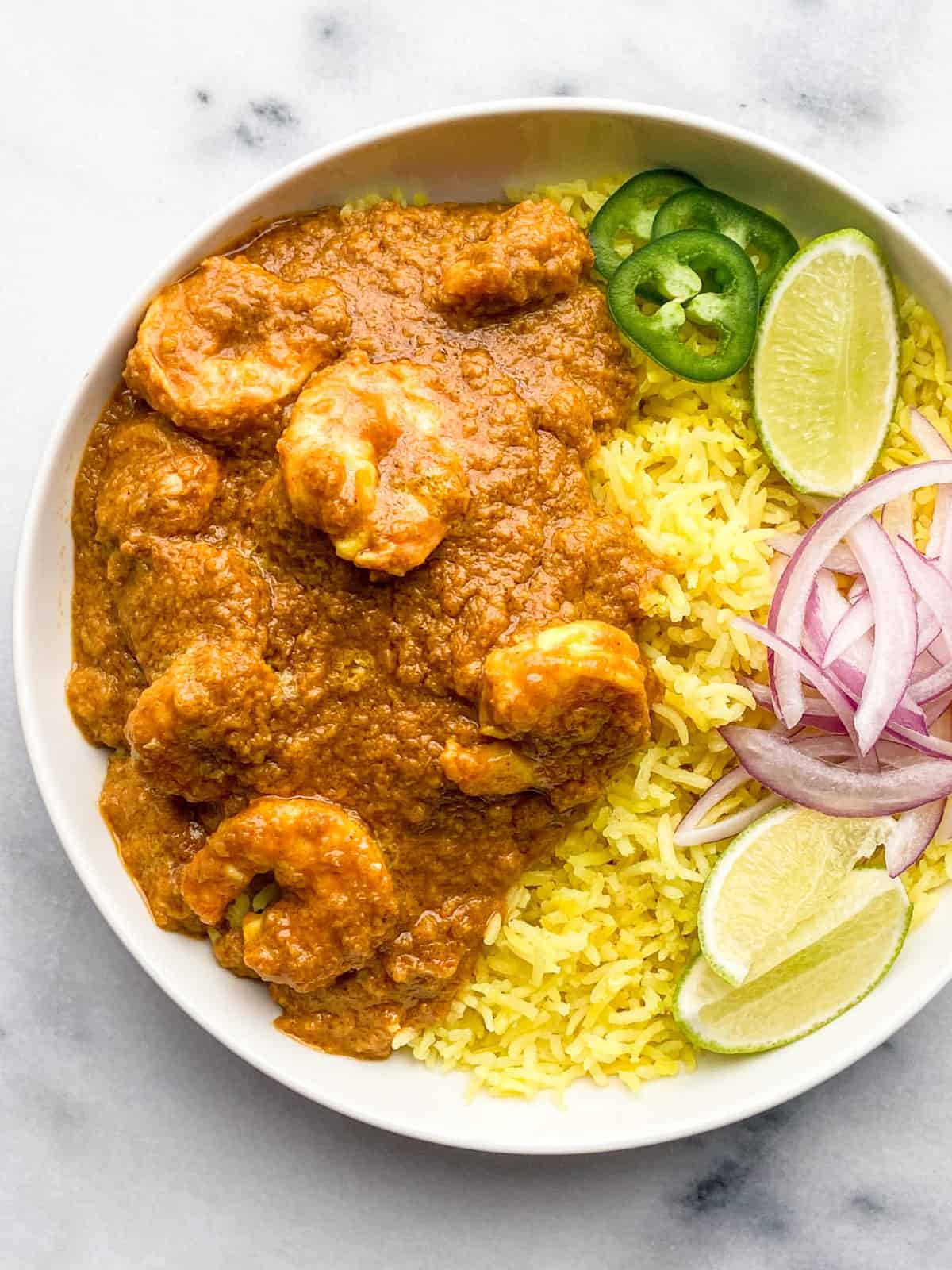 Indian shrimp curry with yellow rice