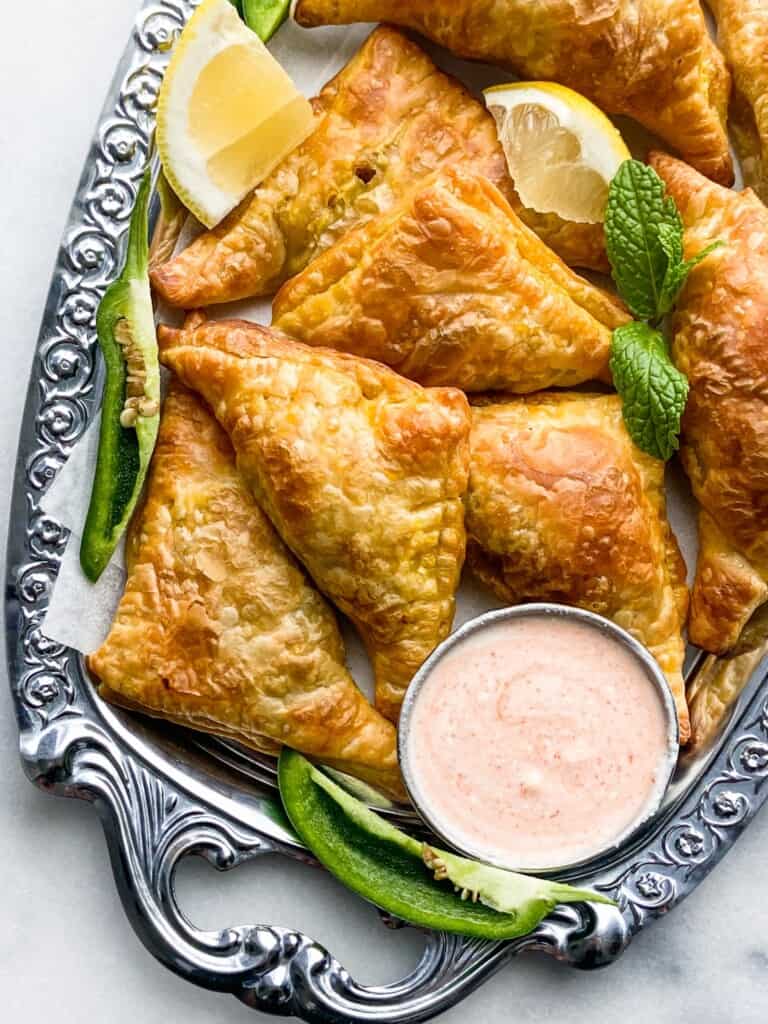 Closeup of keema puff pastry