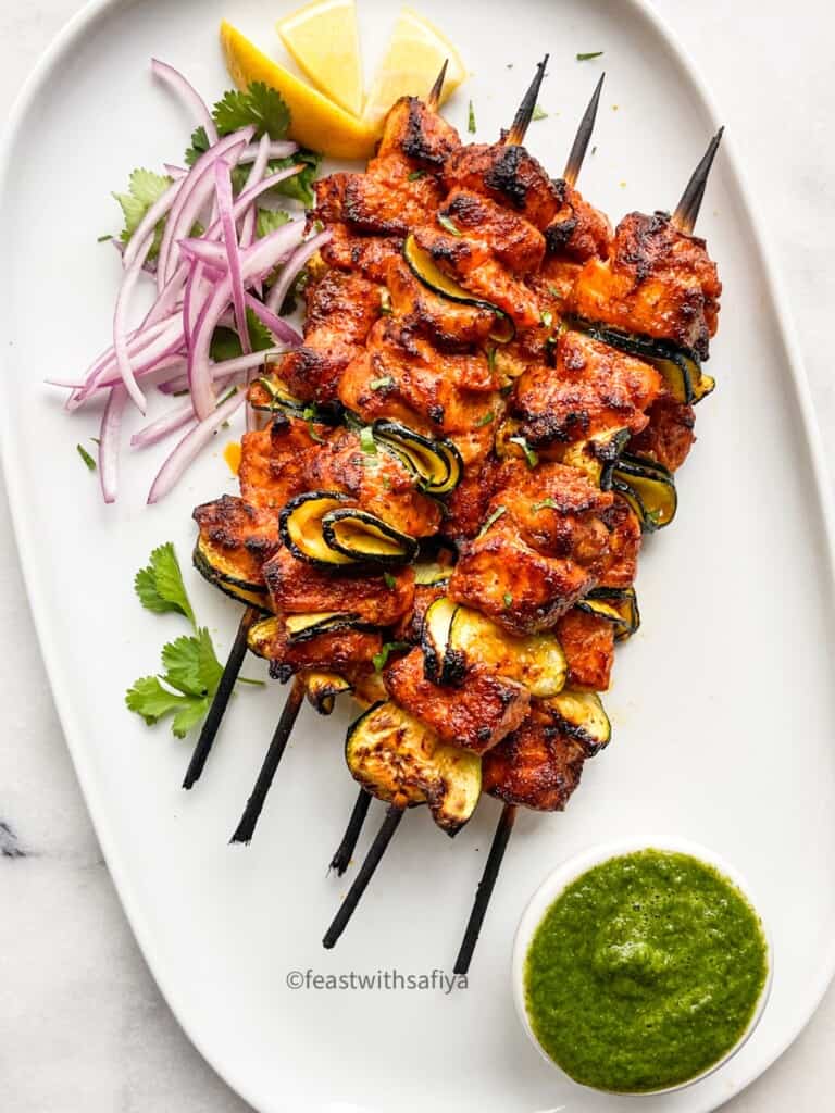 Salmon skewers on a platter