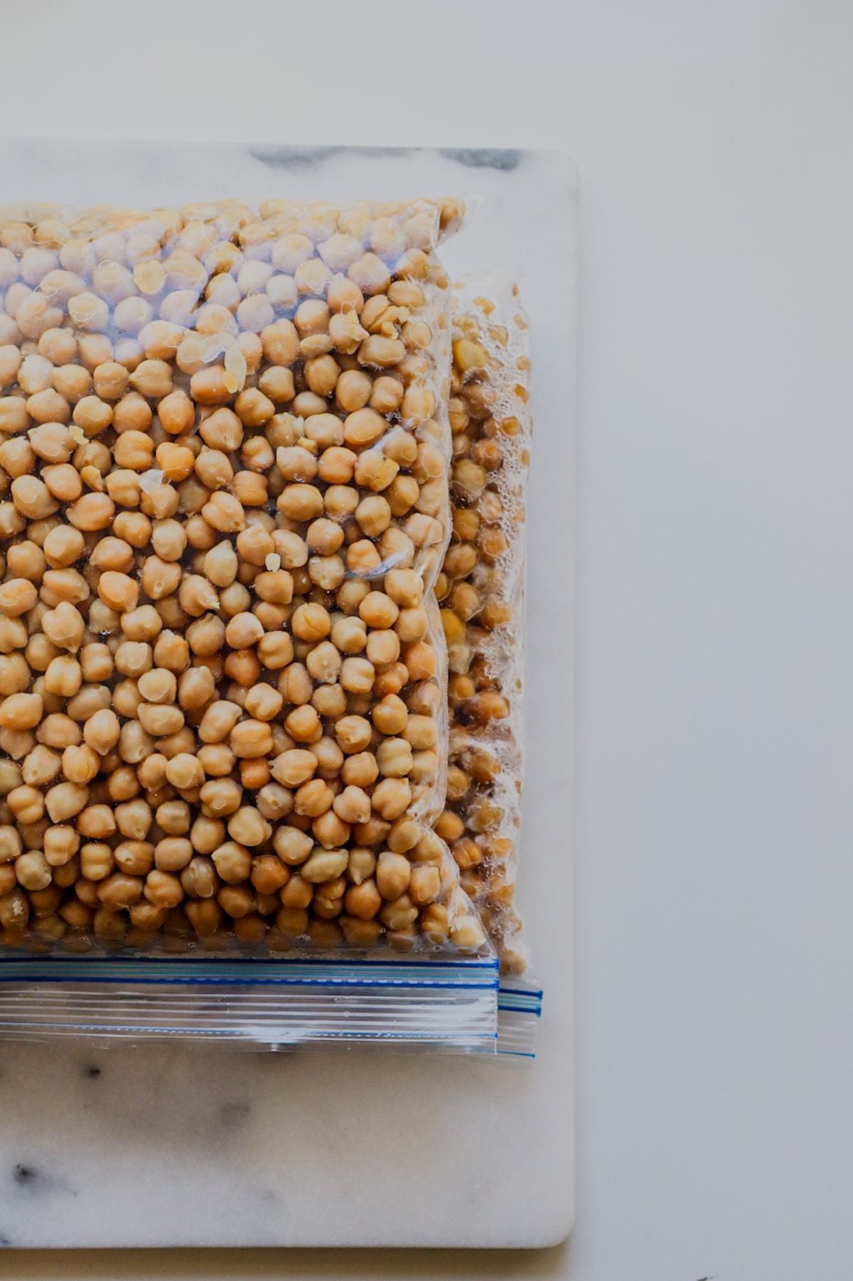 Cooked chickpeas stored in a freezer bag